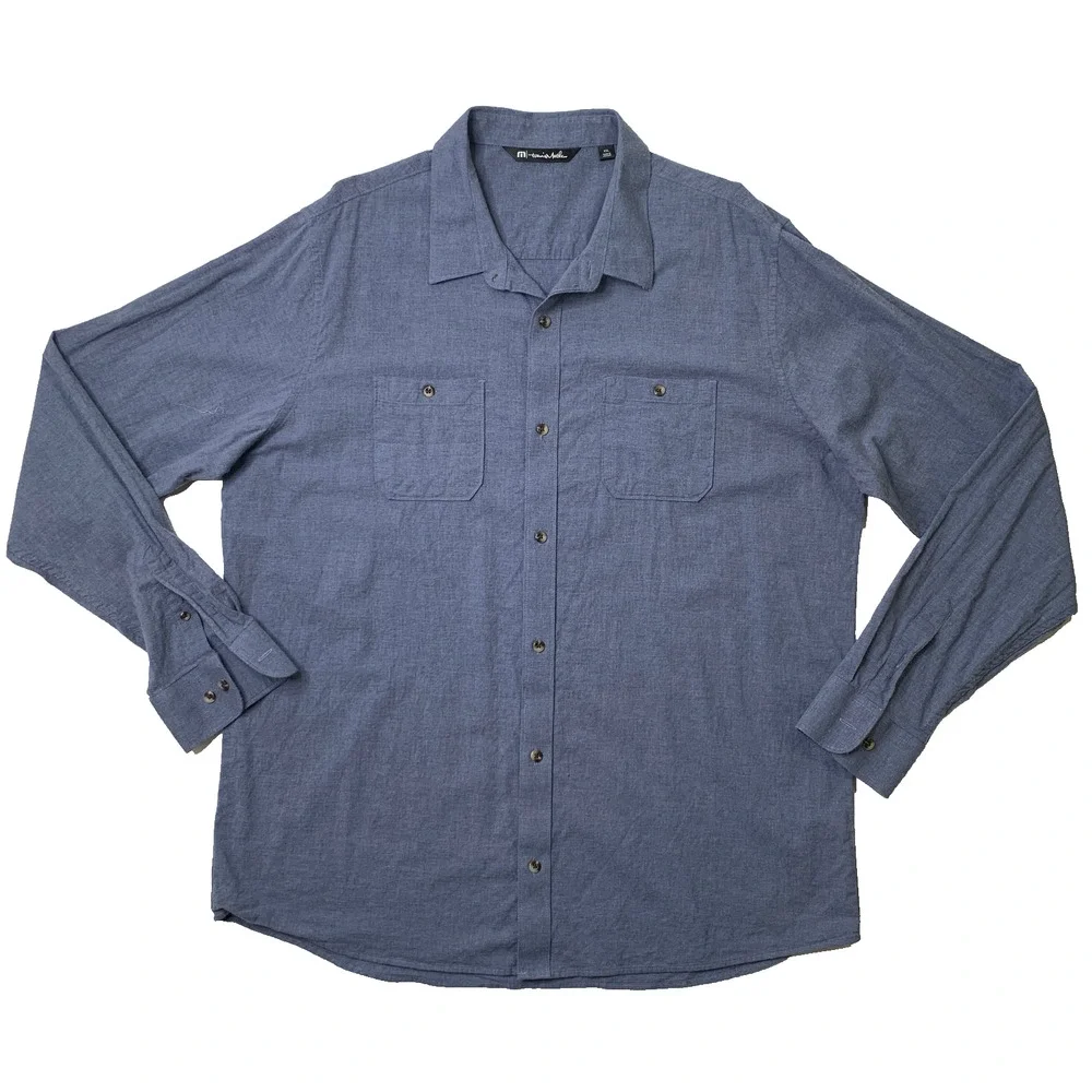 Travis Mathew Shirt Mens 2XL Blue Gray Cloud Flannel Button Up Lighweight Pocket